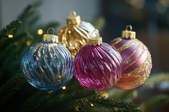Three ornaments on a Christmas tree