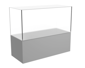 Empty minimalist display case with clear glass top and grey base for art expensive item exhibitions, product presentation, retail showcasing, simple terrarium or aquarium on isolated white background