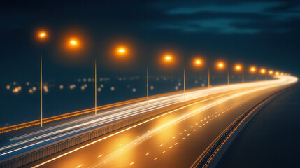 Obraz premium futuristic highway illuminated by solar powered streetlights at night, showcasing vibrant light trails from moving vehicles