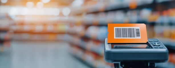 Close-up of a barcode scanner reading a product label in a retail store, highlighting modern inventory and checkout systems.