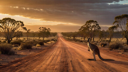 Fototapeta premium A kangaroo stands still in the middle of a dusty road in the Australian outback, with the golden hour lighting creating a peaceful and iconic representation of Australian wildlife.