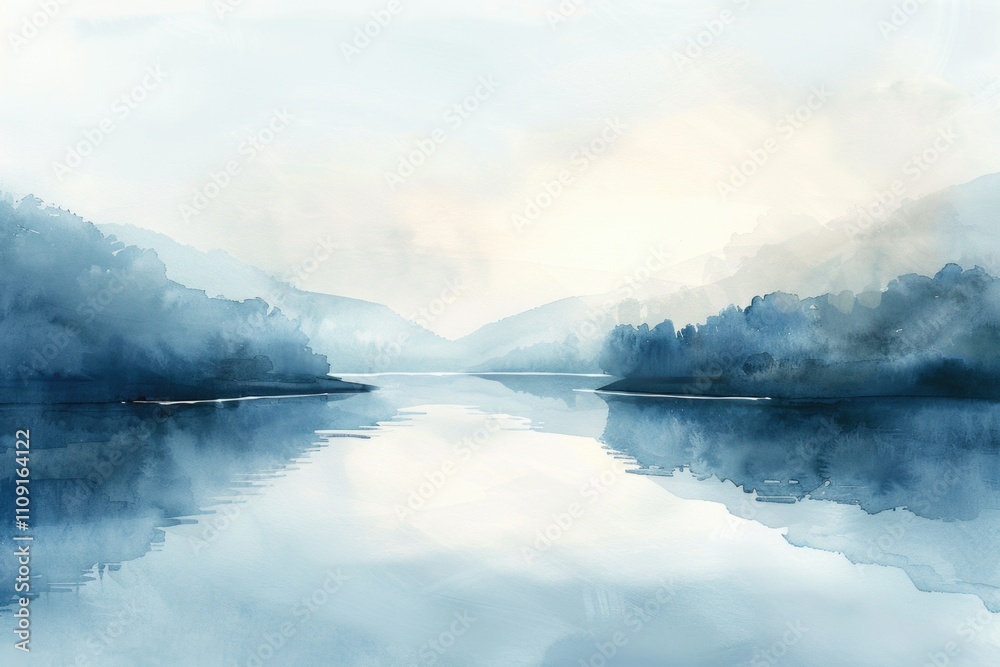 Poster watercolor painting of a serene lake surrounded by trees, suitable for use as a calm atmosphere back