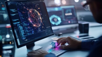 Fototapeta premium A team of developers working on a healthcare blockchain project, with branded monitors,
