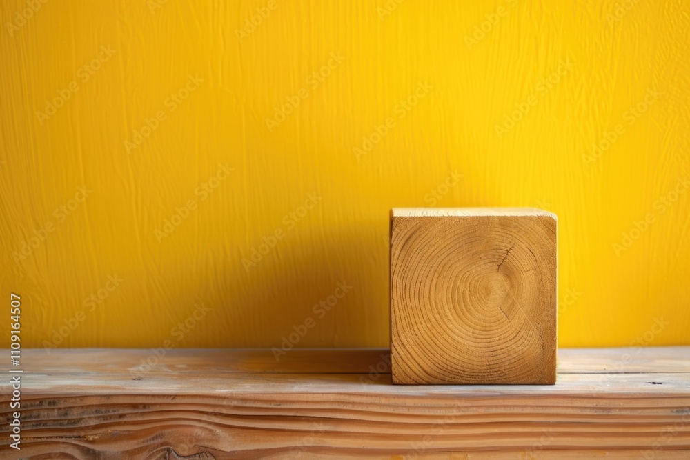 Poster a simple wooden block placed on a wooden table, perfect for use as a prop or in decorative arrangeme