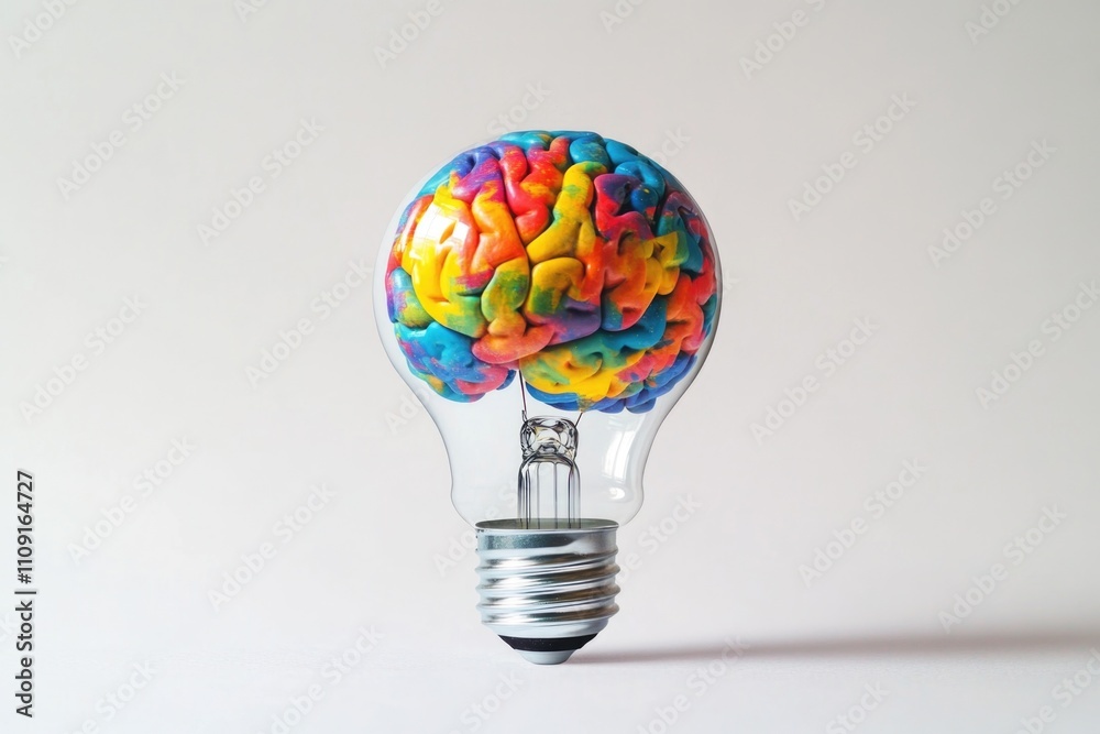 Poster an illuminated light bulb containing a bright and vibrant brain