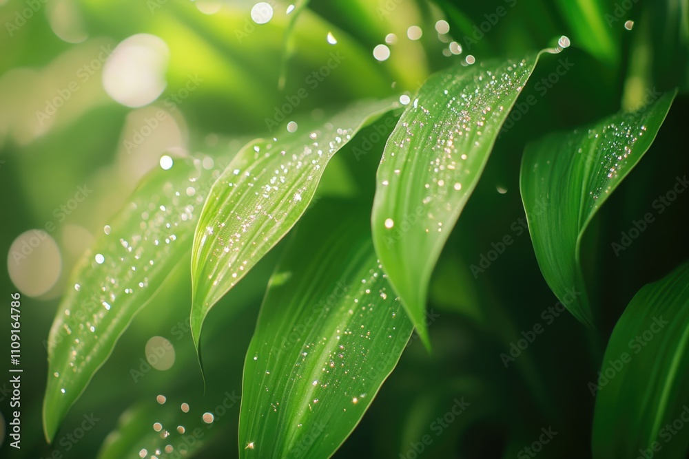 Poster close-up photo of a leaf with water droplets glistening on its surface, perfect for use in environme