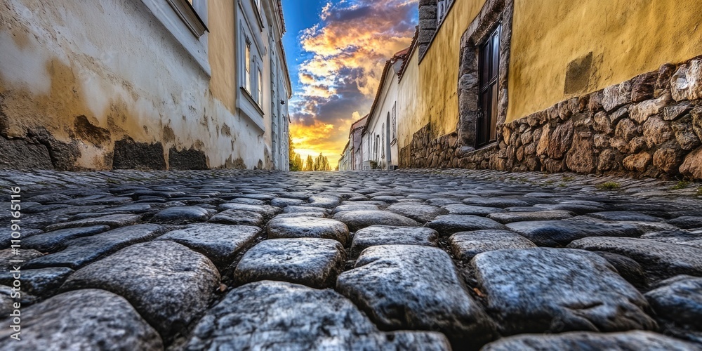 Poster a cobblestone street with a beautiful sunset in the background, perfect for use in travel, landscape