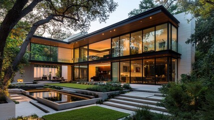 Fototapeta premium Modern Glass House Surrounded by Lush Greenery and Tranquil Space