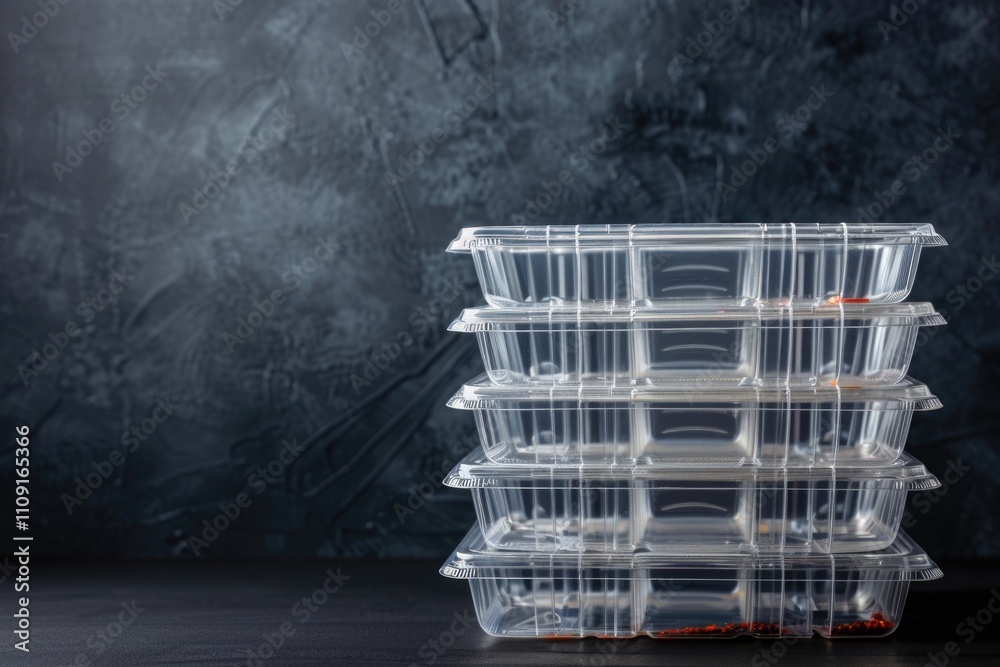 Poster a stack of plastic containers sitting on a table, often used for storage or organization