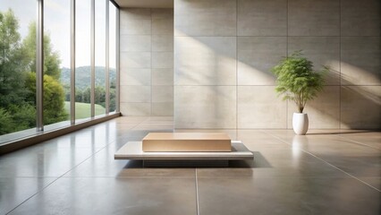 Fototapeta premium Modern Minimalist Interior Design with a Light Wooden Platform and a Plant in a White Pot