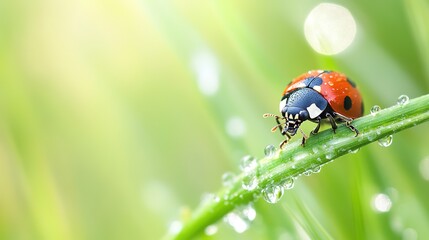 Obraz premium Luminous dew drops and a ladybug on vibrant green stem