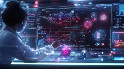 A futuristic lab featuring branded blockchain hardware and crafts like hand-painted data encryption diagrams,