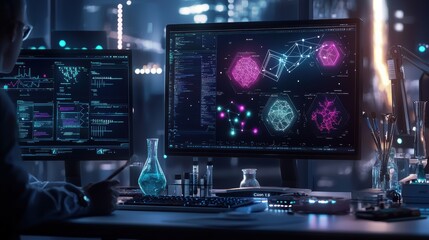 A futuristic lab featuring branded blockchain hardware and crafts like hand-painted data encryption diagrams,