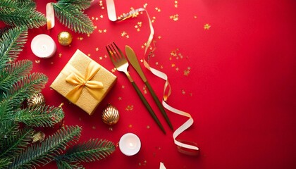 christmas background festive golden decorations fir tree christmas present cutlery candles and confetti creating festive atmosphere on red background christmas concept flat lay top view