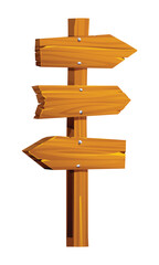 Wooden signpost with three directional arrows pointing left and right. Vector cartoon illustration