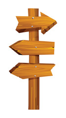 Wooden signpost with three blank directional arrows pointing in different directions. Vector cartoon illustration