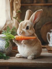 Charming bunny holding a fresh carrot on a rustic wooden countertop, surrounded by vintage kitchen decor like mason jars and a ceramic teapot, bathed in soft warm light for a cozy