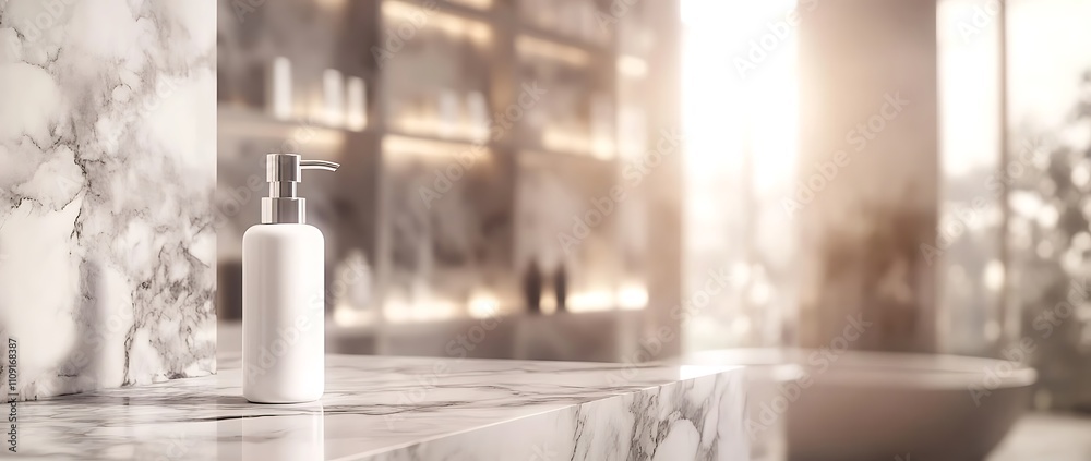 Poster a sleek, white bottle sits on a marble countertop, illuminated by soft light, creating a serene and 