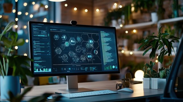 A professional workspace featuring AGI-focused data analytics displayed on a branded monitor,