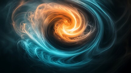 Naklejka premium A dynamic swirl of vibrant cyan and amber hues blending seamlessly with a misty texture, evoking a sense of energy and depth, set against a smoky black.