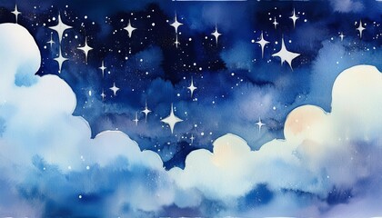 watercolor painting texture background of night sky with clouds and stars