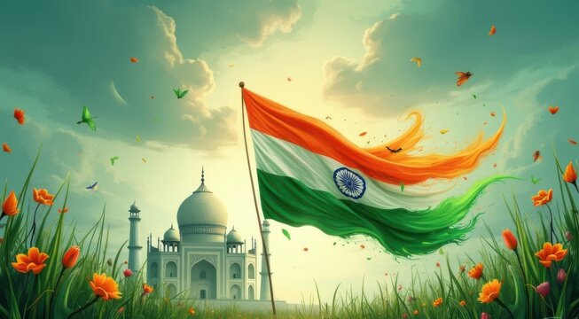 Vibrant illustration of the Indian flag waving proudly against a clear sky, representing patriotism and national pride.