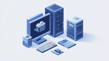 Isometric illustration of cloud computing, servers, desktop computer, keyboard and mouse.