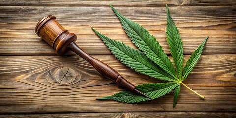 A gavel rests atop a wooden surface with a large green cannabis leaf beside it symbolizing the legal battle over marijuana