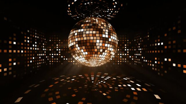 slow motion sepia disco ball in the center with bright rays in a dark black atmosphere background party lights 3d animated motion graphics realistic video reflecting lights