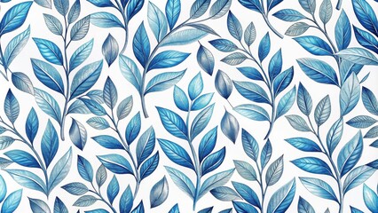 Fototapeta premium A Delicate Pattern of Blue and Silver Leaves on a White Background
