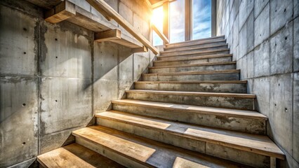 Fototapeta premium Concrete stairs leading upwards, bathed in sunlight, with a wooden handrail and a glimpse of a window beyond