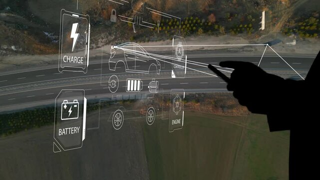 Intelligent Vehicles Cars Communicating Ai Logistic Autonomous Delivery Vehicles IoT GPS Tracking Satellite 5G Smart Roads Traffic Road Junction Interchange Motorway Triangulation Of Traffic Data