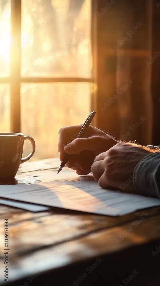 Poster hands of businessman signing document at wooden table with cup of coffee next to window during golde