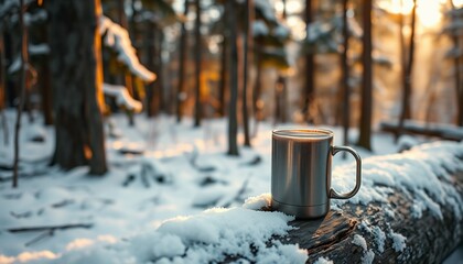 winter forest in the morning with a coffee in the stainless steel mug on the wood