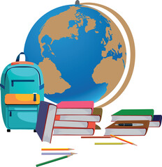 Backpack, books, colored pencils and globe showing studying and education