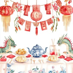 Chinesepatterned tablecloths with dumplings served