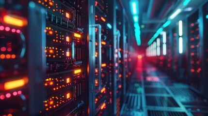 Obraz premium A high-tech data center filled with illuminated server racks, showcasing vibrant lights and a modern, futuristic environment.