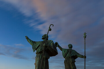 Sculptures of the Monumento ao Camiñante", monument to the walk on Monte do Gozo, Santiago de Compostela. Camino de Santiago, pilgrims