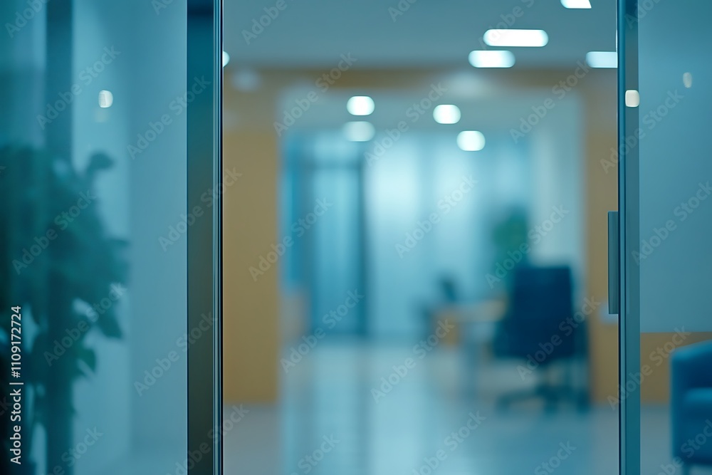 Aufkleber a blurred view of an office through glass doors, showcasing a modern workspace with soft lighting an