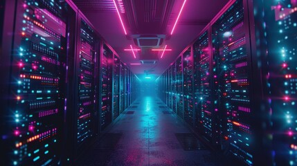 Fototapeta premium A futuristic data center corridor illuminated by colorful lights, showcasing rows of servers and a tech-savvy atmosphere.