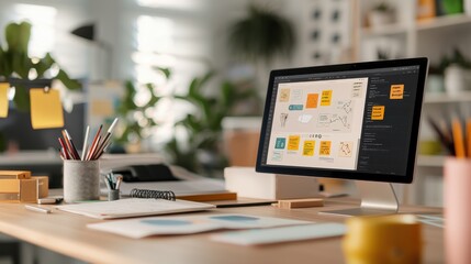 A vibrant UX design studio showing screens with customer journey maps