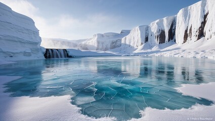 Stunning icy landscape with frozen lake and dramatic snow-covered cliffs