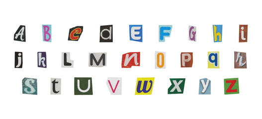 Isolated Ransom Letter Pack with cutout Y2K style english alphabet, retro style colorful png letters set in transparent background