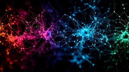 Obraz premium A colorful network of interconnected nodes and lines on a dark background, symbolizing a neural network