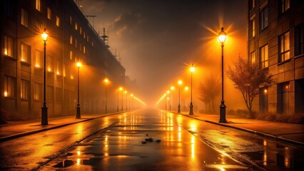 Fototapeta premium A Foggy Street Illuminated by Streetlights, Reflecting a Warm Golden Glow on the Wet Pavement