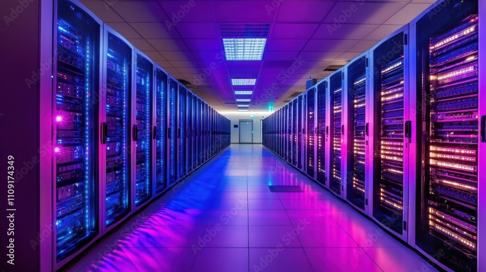 Poster illuminated server racks in a futuristic data center, symbolizing the transformation of internet inf