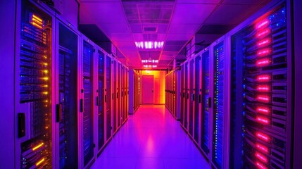 Fototapeta premium Illuminated server racks in a futuristic data center, symbolizing the transformation of internet infrastructure through advanced technology