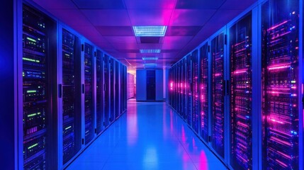 Fototapeta premium Illuminated server racks in a futuristic data center, symbolizing the transformation of internet infrastructure through advanced technology