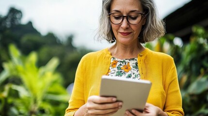 Fototapeta premium Woman in Yellow Cardigan Using Tablet Amidst Lush Greenery