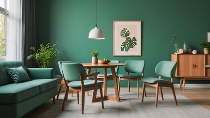 Mint color chairs at round wooden dining table in room with sofa and cabinet near green wall. Scandinavian, mid-century home interior design of modern living room